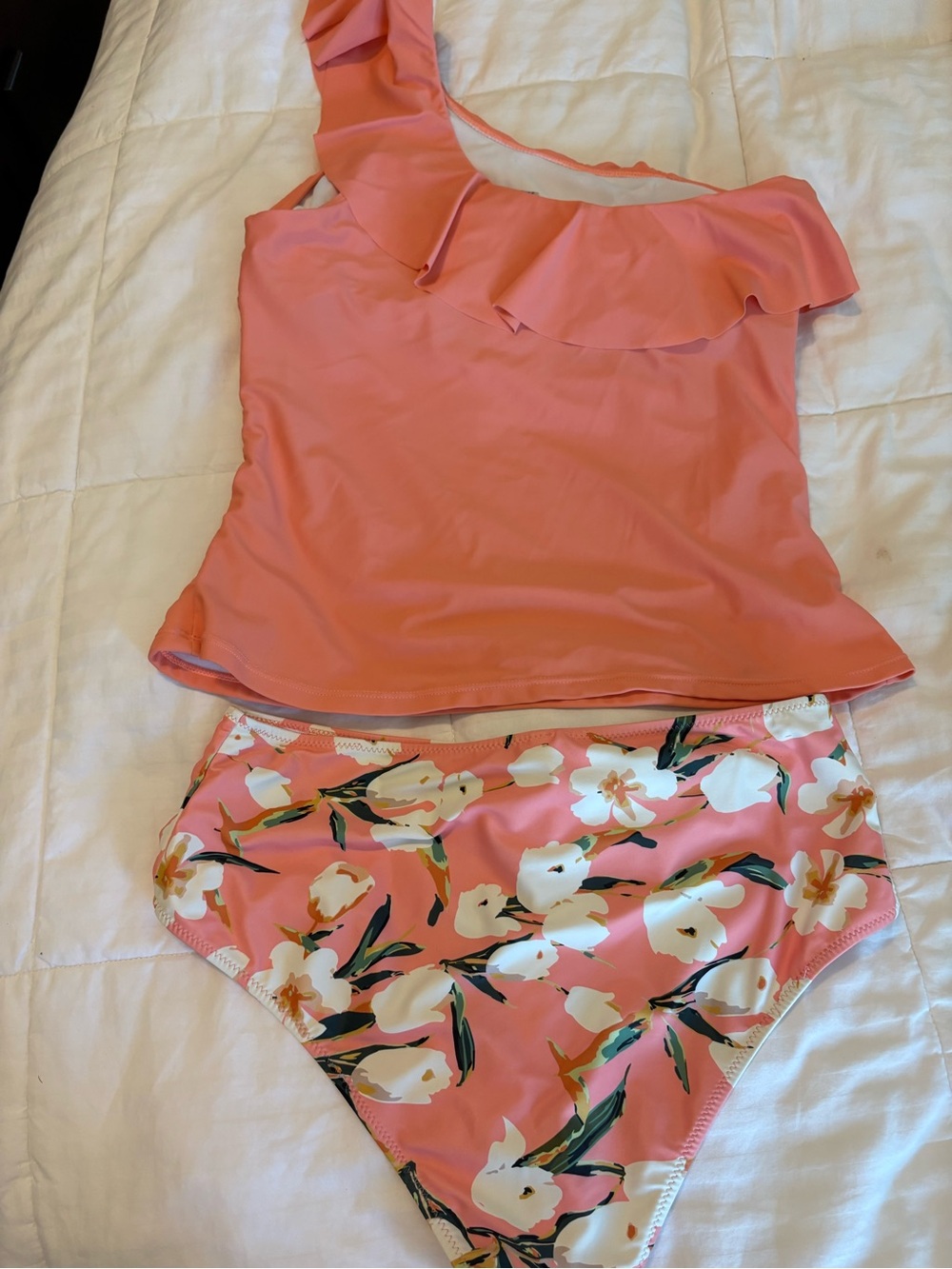 Beachsissi Large Coral One-Shoulder Ruffle Tankini and Floral High-Waist Bottoms